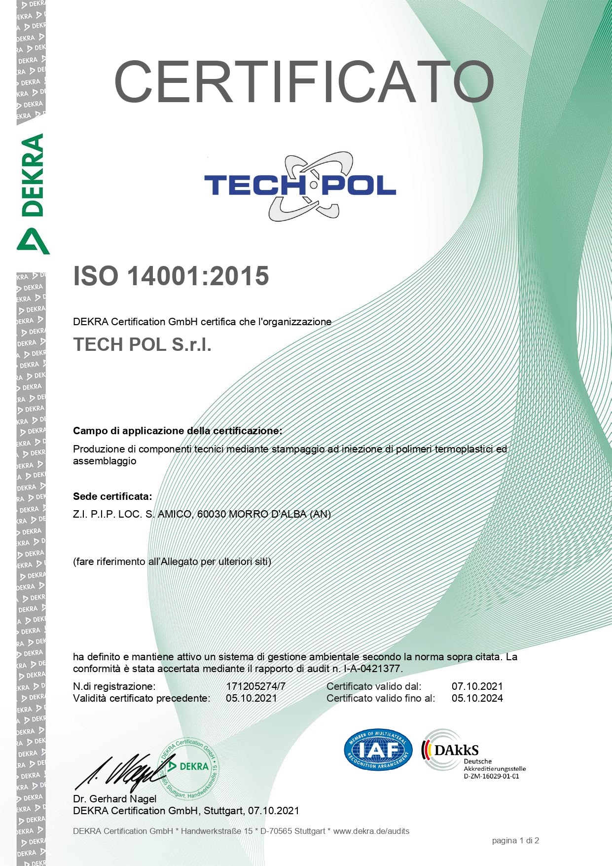 Certificazione UNI EN ISO 14001:2015 DEKRA